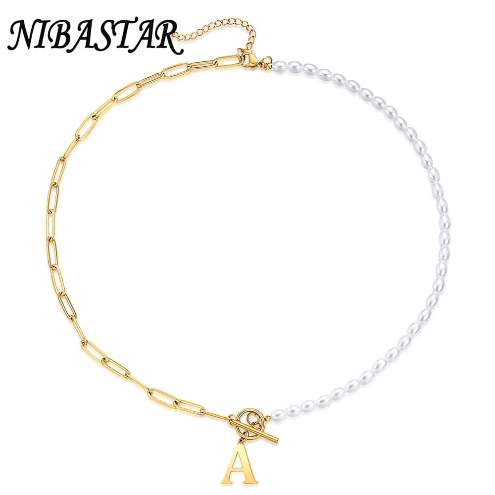 NIBA New Gold ColorAnd Silver Color Stainless Steel  Pearl Alphabet Choker Name Jewelry Chain For Women Female Fashion