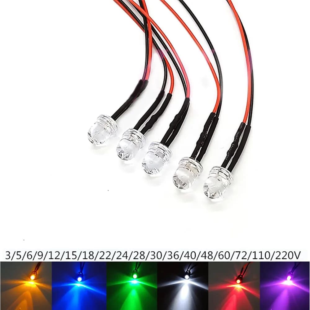10Pcs 8mm Pre Wired Ultra Bright LEDs Emitting Diodes with Resistance LED Bulb Lights 3V 5V6V9V 12V 24V 36V 48V 60V 110V 220V