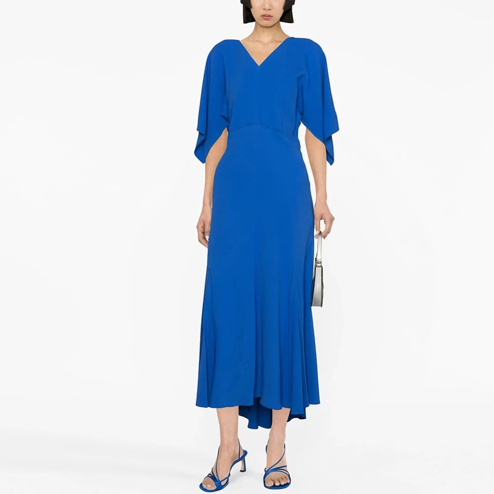 Modern Evening Dress Gemstone Blue Satin Pleat Ruched Women's Evening Gowns Straight V-neck 2024 Bride Gowns for Women