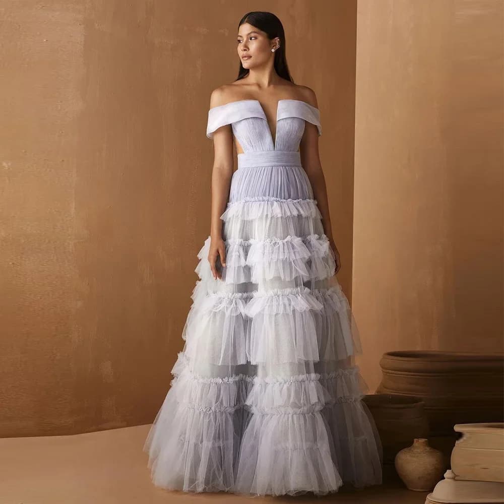 Customized Off Shoulder Ruffles Prom Dresses Sexy Floor Length Pleats Tiered Tulle Skirt Backless Formal Evening