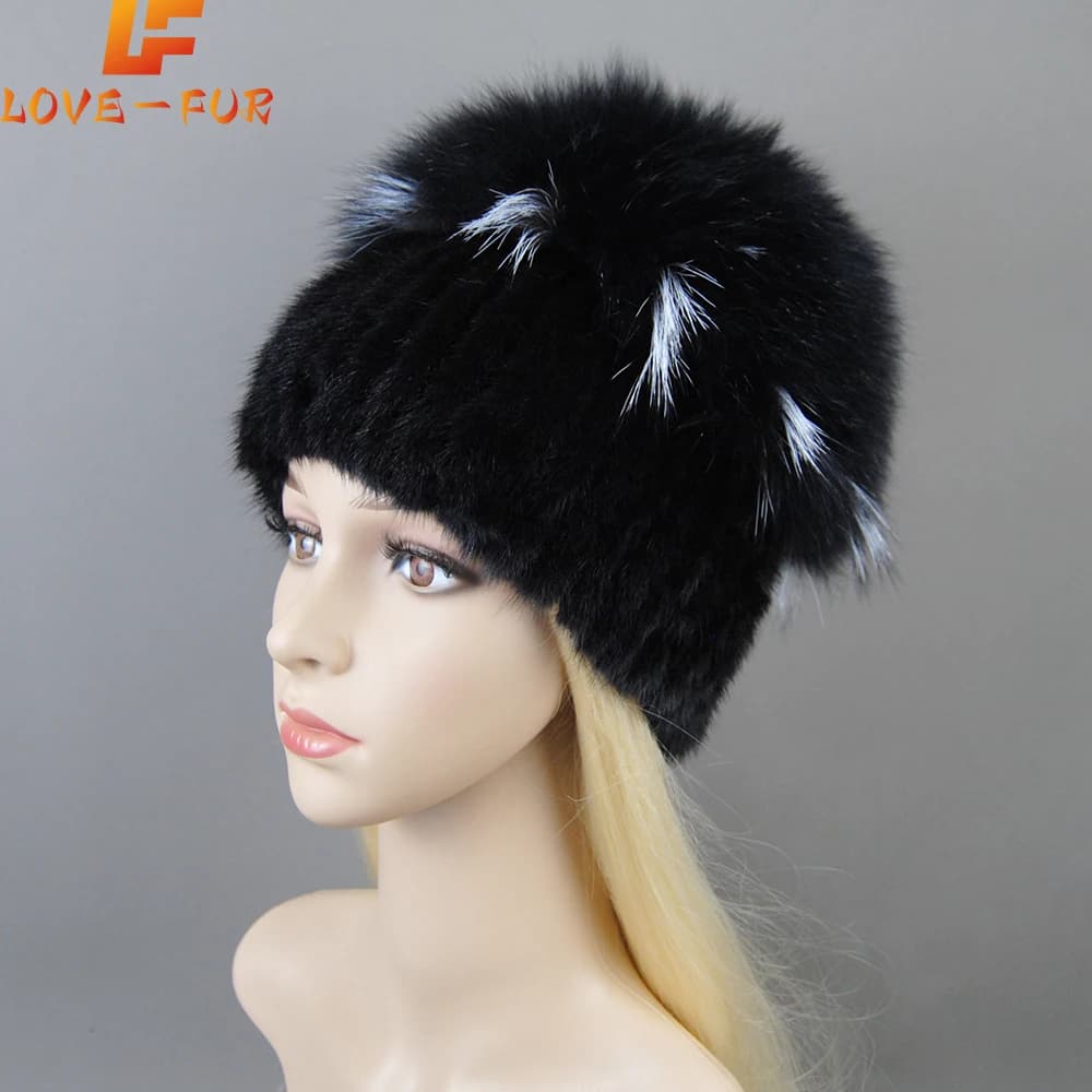 Fashion Real Mink Fur Hat For Winter Women Imported Knitted Mink Cap With Fox Fur New Hot Sale High Quality Women Beanies Hat