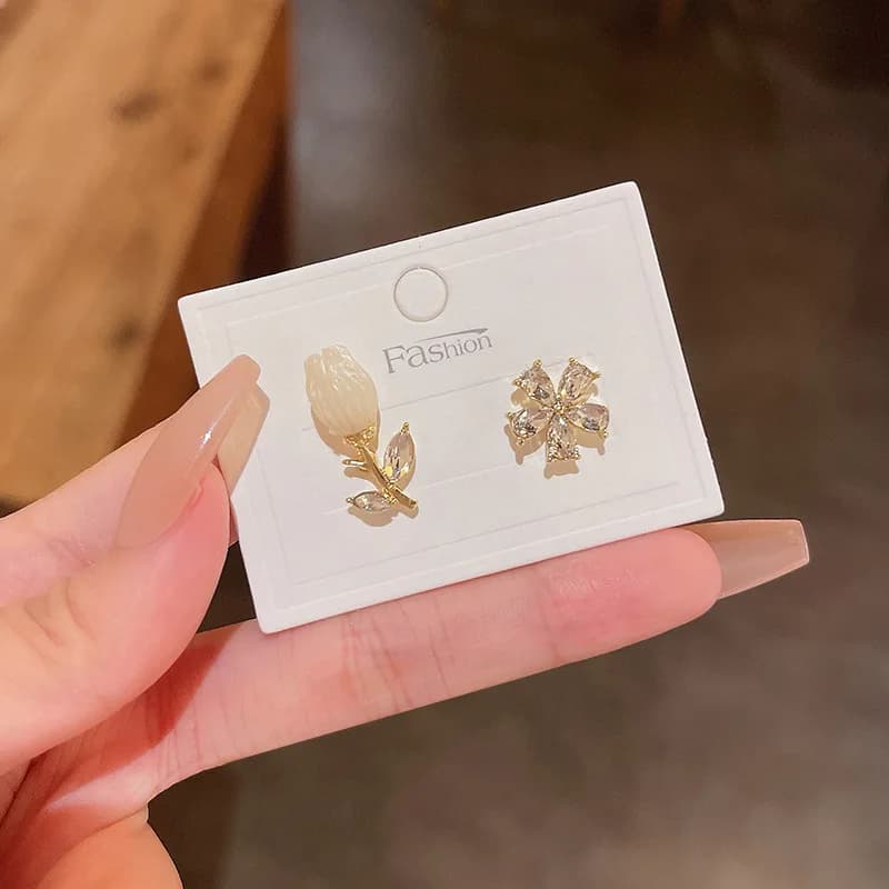 Nordic Asymmetrical Moonstone Zirconium Cherry Geometric Stud Earrings Women High quality Exquisite Daily Jewelry