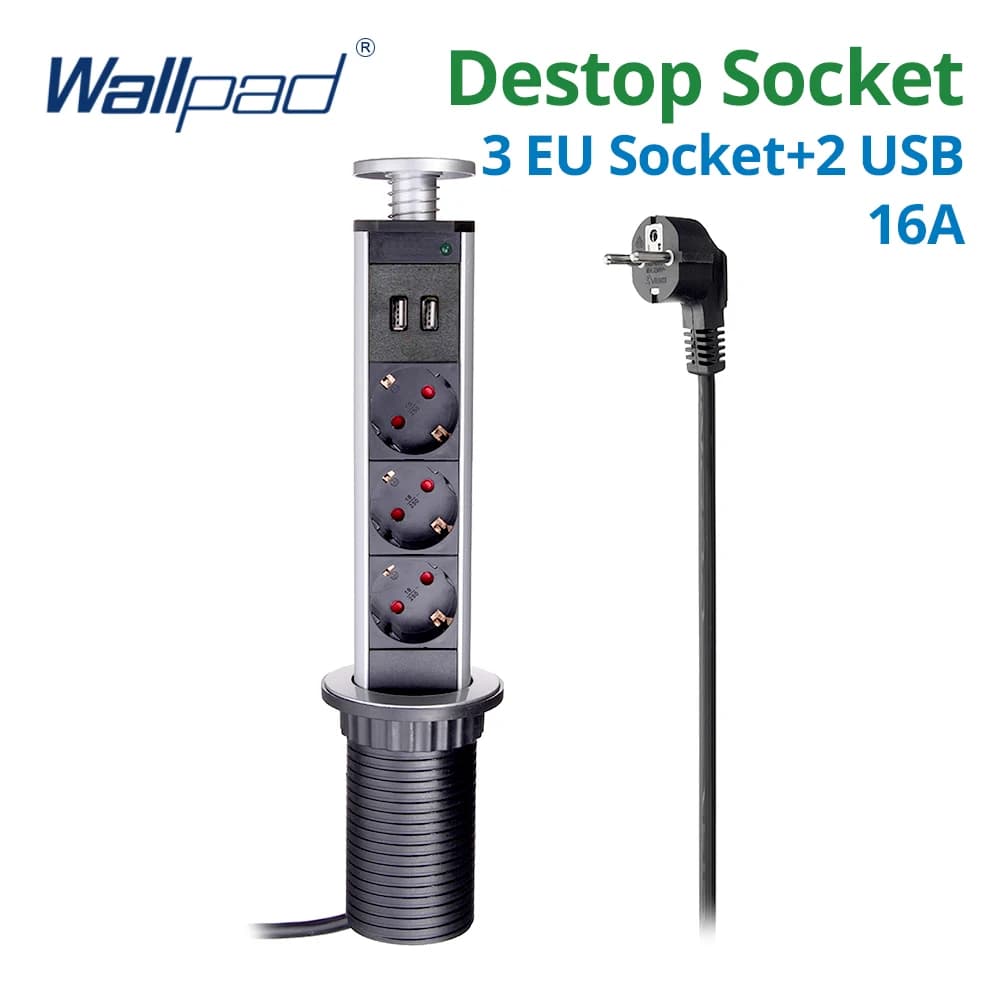 Wallpad Pull Pop Up Desktop Socket 3 Outlets 2.4A USB Charge Ports 2M Extension Plug Retractable Aluminum Body For Kitchen Tabel