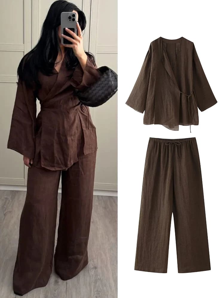 Wide Leg Pants Sets 2 Pieces Women Fashion Lace Up Kimono Tops Women's Suit Two Piece Set Spring Women Outfit