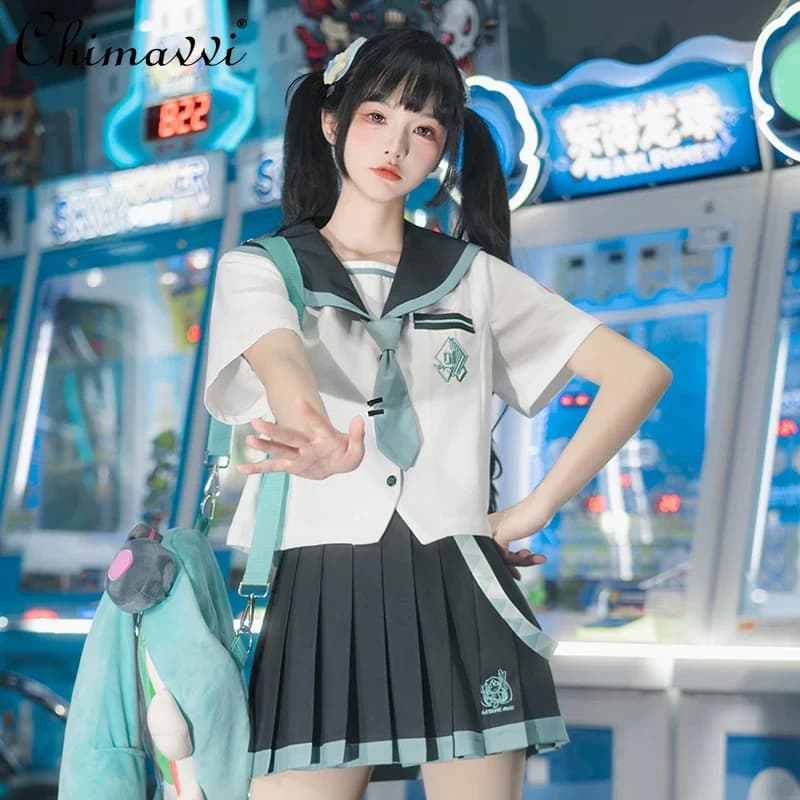 Japanese Anime JK Uniform Sailor Collar Short Sleeve Shirt Blouse Pleated Skirt Two-Piece Sets Women Preppy Style Outfits Autumn