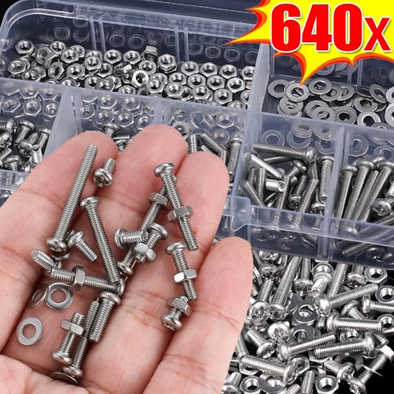320/640pcs M3 Screw Stainless Steel Hexagon Hex Socket Screws Bolt Nuts Set Round Flat Cap Head Bolt Washer Assortment Kit