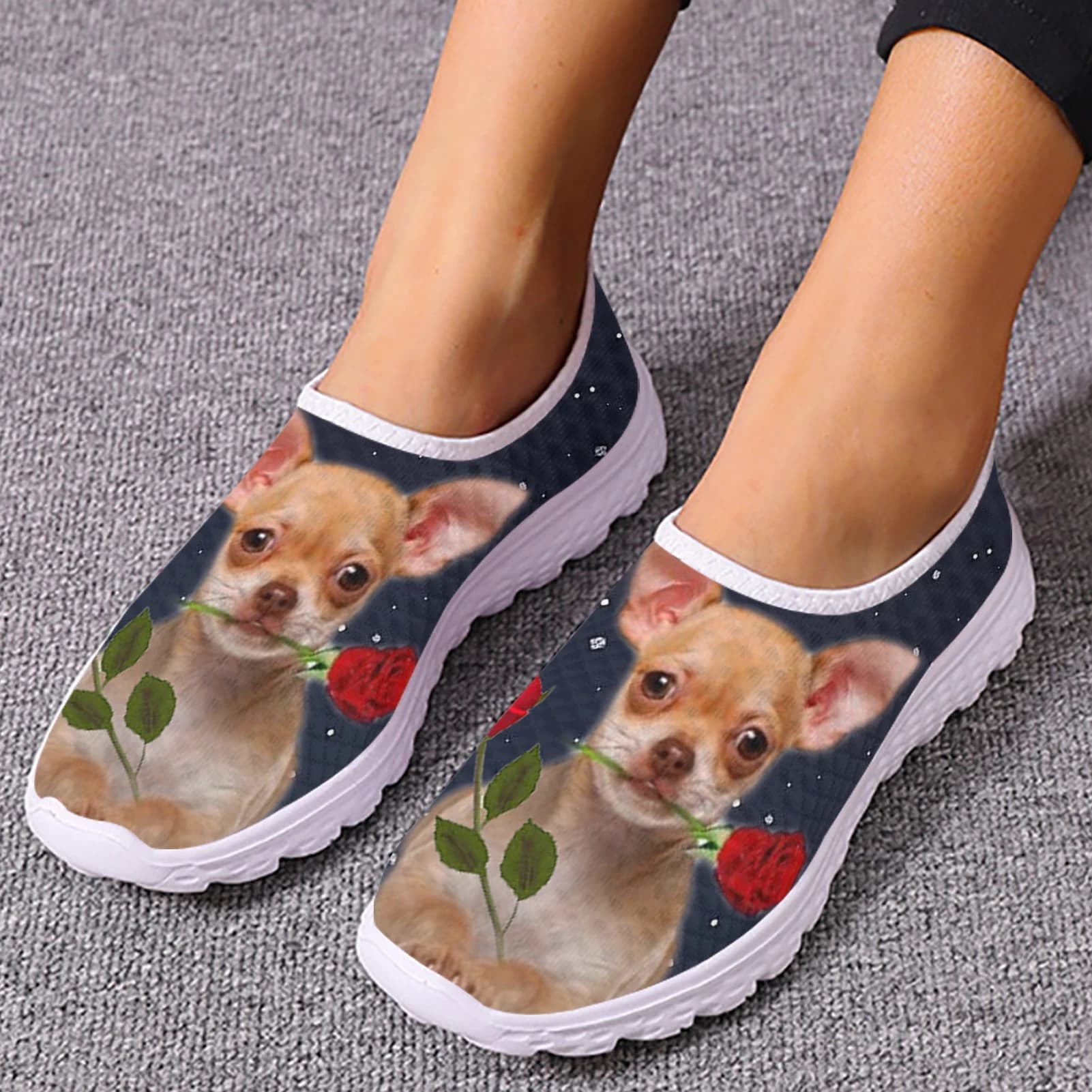 INSTANTARTS Chihuahua Rose Flower Design Ladies Sneakers Flats Women Casual Shoes Woman Light Mesh Lazy Shoes For Teenage Girls
