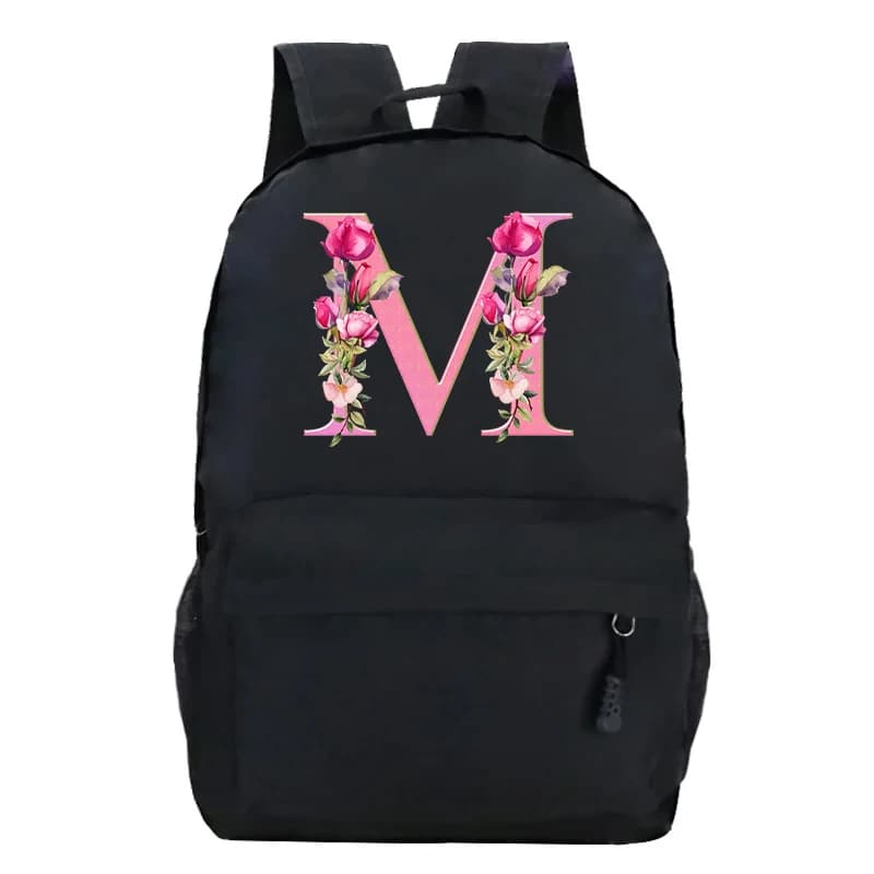 Black Bag Harajuku Fashion Rucksack Rose Flower Pink 26 Alphabet Boys Girls Hiking Backpack Alphabet Floral High Street Backpack