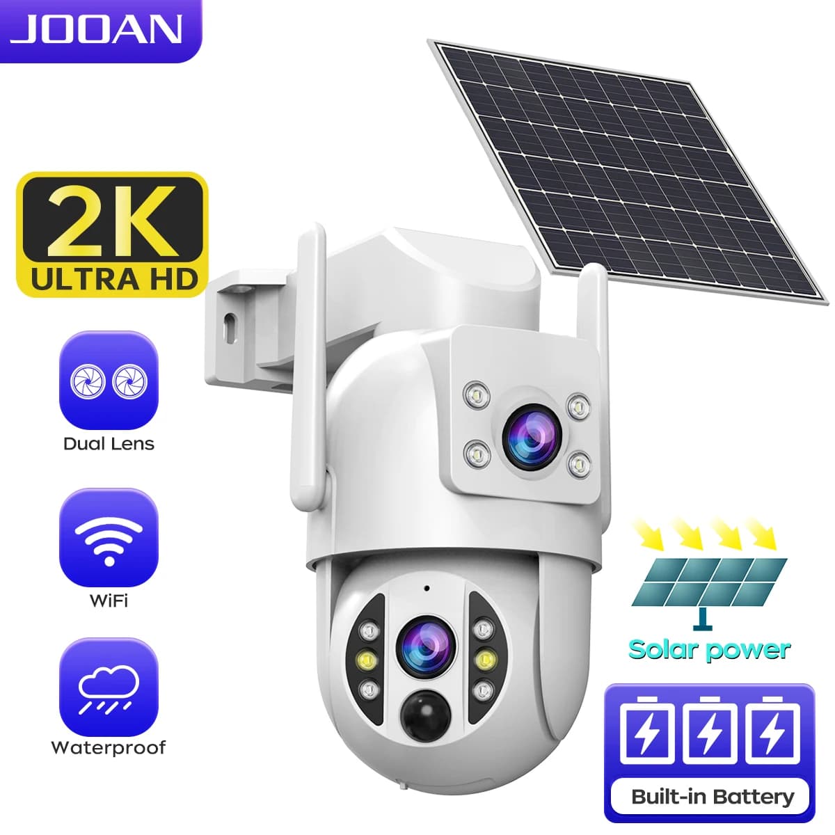 JOOAN 2K 4K Wireless Solar Camera Outdoor WiFi Dual Lens Battery IP Cam Human Detect 2-Way Audio CCTV Monitor Video Surveillance