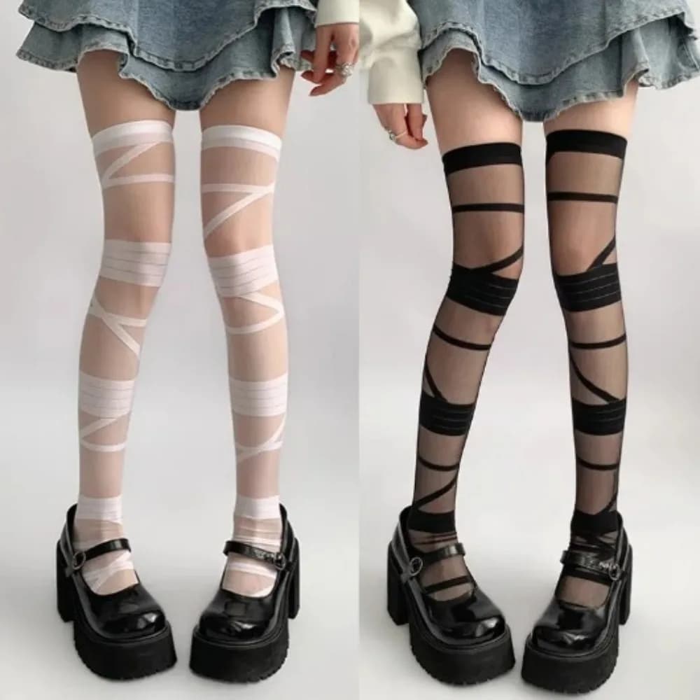Elastic Transparent Stripe Stockings Casual Ultra-thin Lolita JK Style High Tube Long Socks Nylon Breathable Streetwear