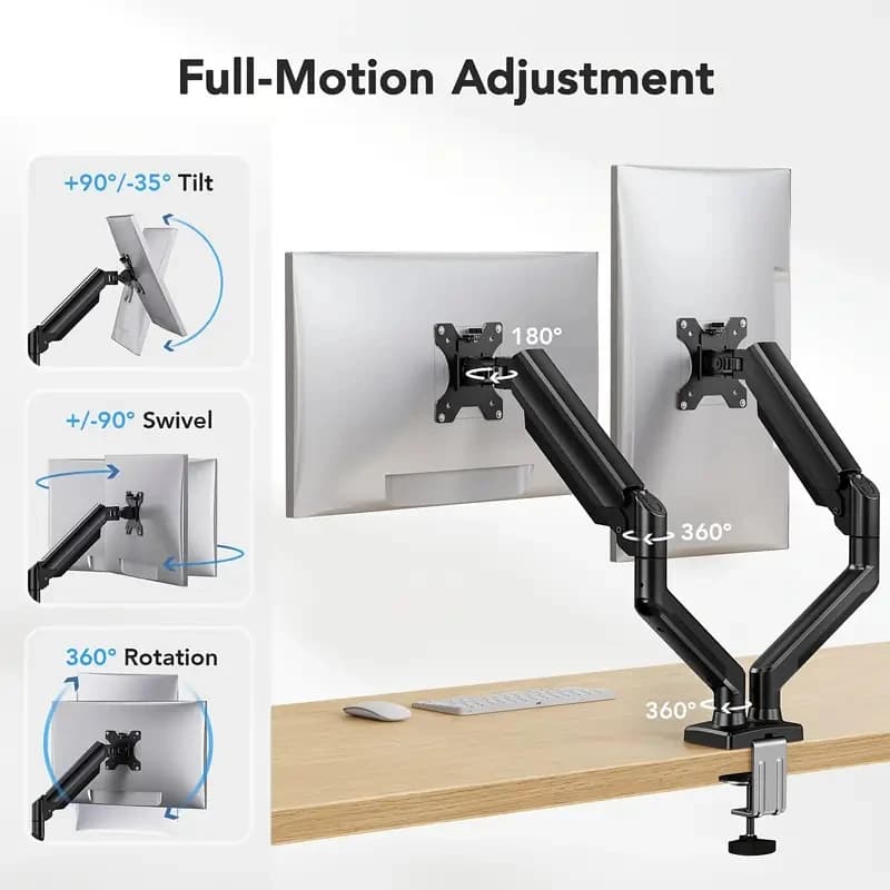 Dual Monitor Mount for 13″–32″ Screens, Adjustable Dual Monitor Stand, with 180° Swivel, Tilt, 360° Rotation for Home Office