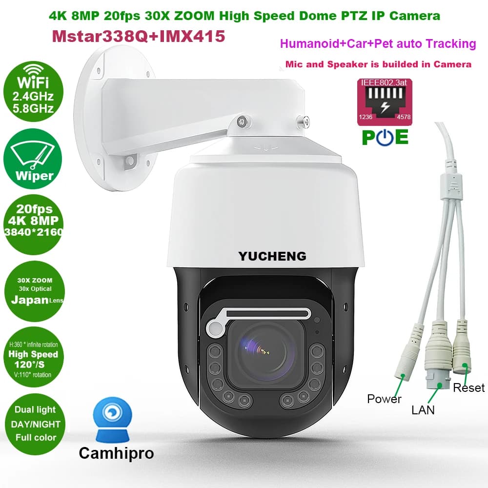 CamHipro 8MP wifi POE 30X ZOOM Dual light Humanoid Auto Track Wiper High Speed dome PTZ  IP Camera Build in MIC Speaker