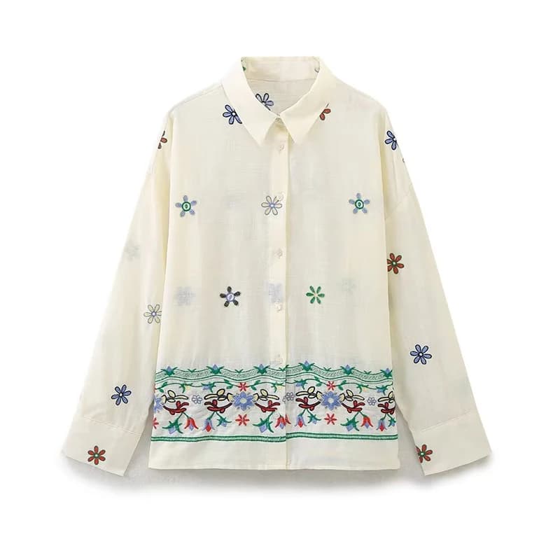 Summer Women Long Sleeve Lapel Collar Floral Embroidery Shirt Blouse Blusas Mujer