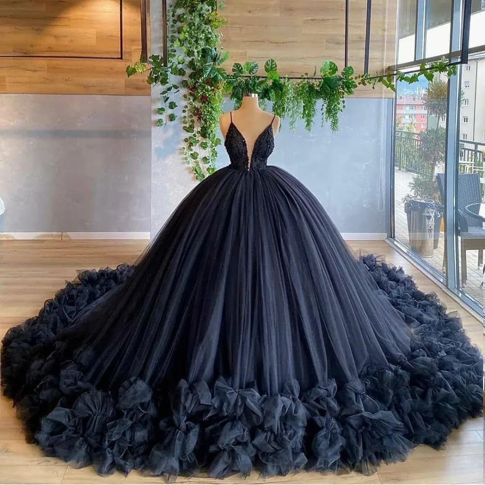 Black V Neck Tulle Ruffles Women Prom Dress 2025 Purple Straps Beads Evening Formal Gowns Luxury Customized Robe De Soiree