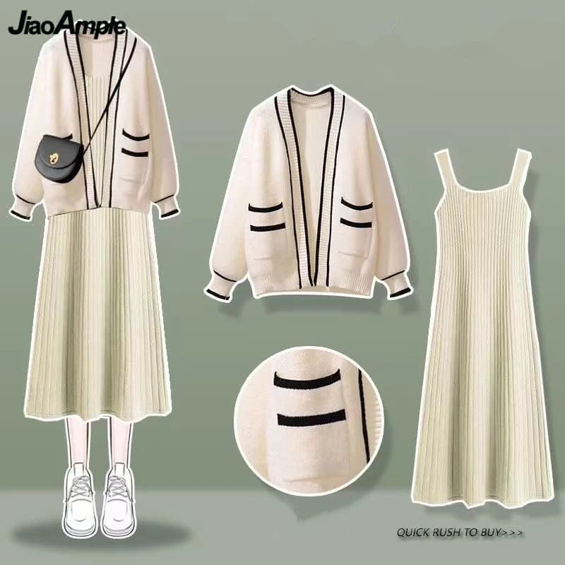 Women's Spring Autumn Sweater Cardigan Sleeveless Dress Two Pieces Set 2023 New Preppy Style Casual Loose Knit Coat Dress Outfit