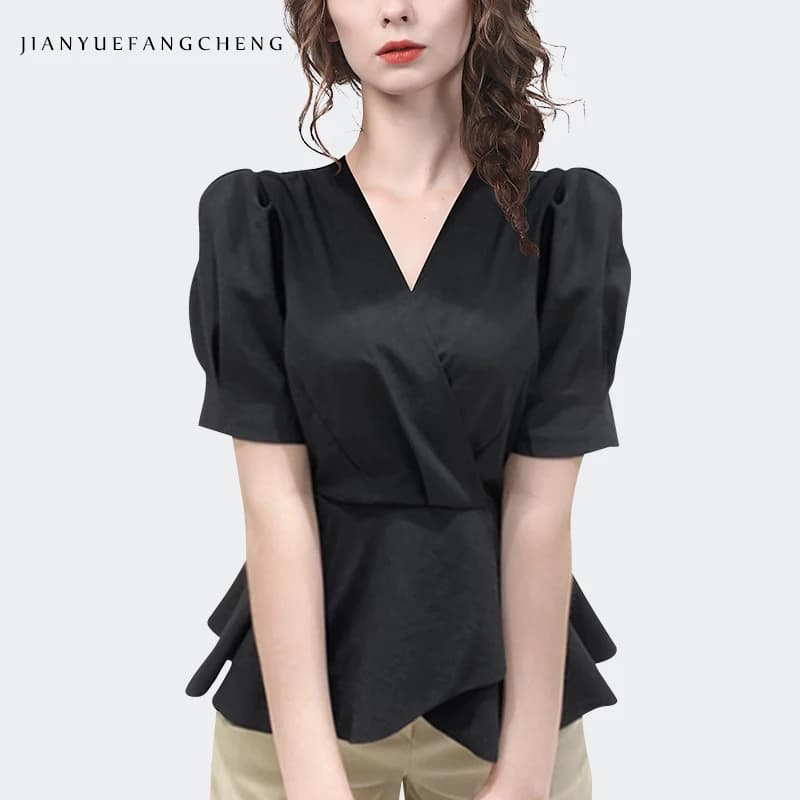 Elegant Women Summer Puff Sleeve Shirt Solid Color Crossed V-Neck Patchwork Slim Top Fashion Chic Skirted Tunic Shirts