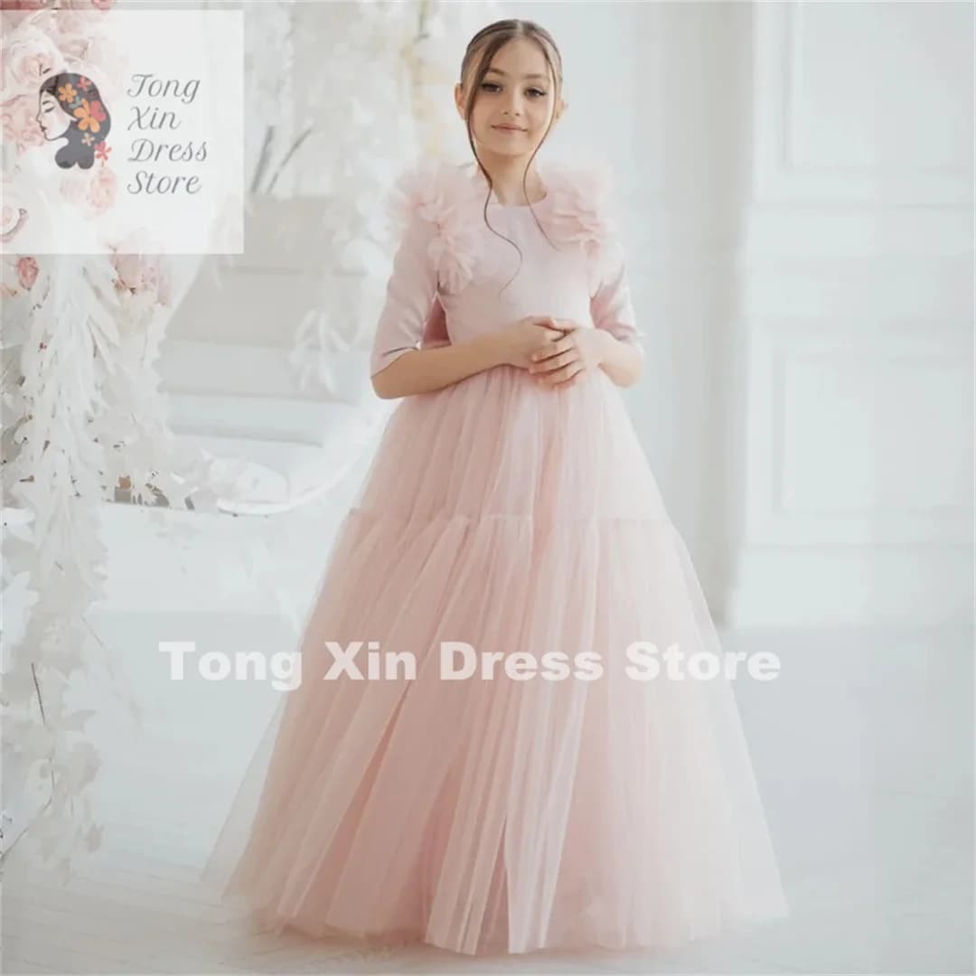 Light Pink Flower Girl Dresses Tulle With Bow Half Sleeve For Wedding Birthday Party Banquet Princess Gowns