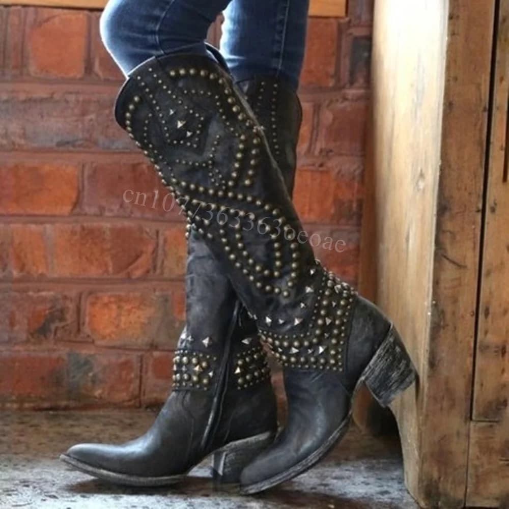 Rivet Decor Pointed Toe Cowboy Boots Matte Leather Knee High Shoes for Women Chunky Heels Sexy Shoes 2024 Zapatos Para Mujere