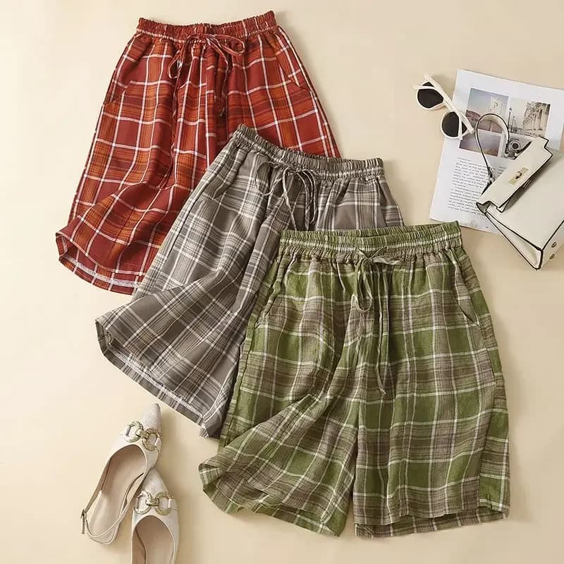 New Fashion Casual Spring Summer 2025 Women's Fresh Color Collision Plaid Pattern Tie Thin Section Cotton Linen Wide-leg Shorts