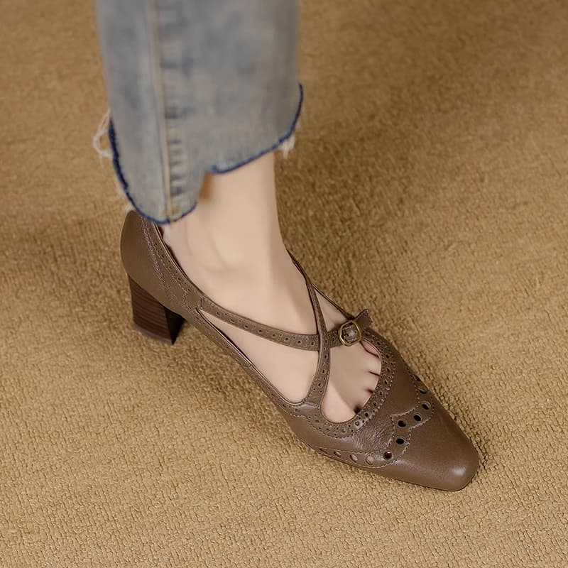 Elegant Shoes Ladies Pumps Cowhide On Heel 6.5 Simple Shoes Retro High Heels Spring Autumn Vintage Brogue Pumps