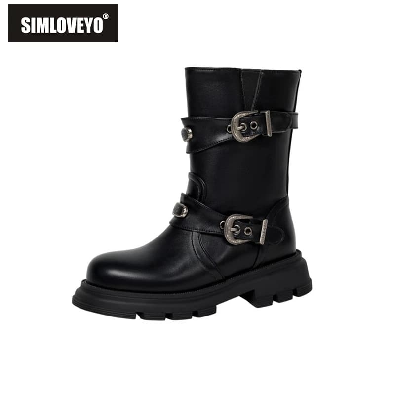 SIMLOVEYO 2024 British Midcalf Boots Vintage Slip On 4.5cm Heel Faux Leather Buckles Big Size 43 44 US13 Cowboy Wide Leg