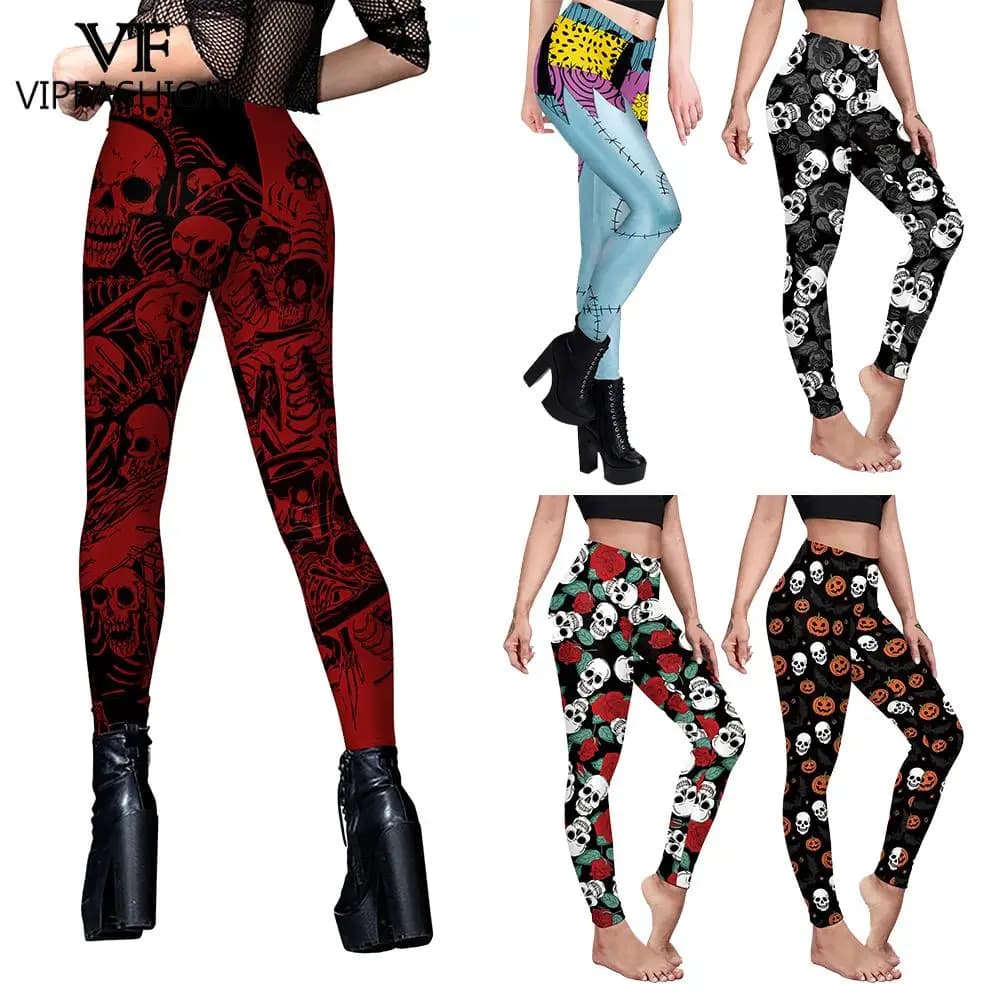 VIP FASHION Skull Leggings Halloween Party Pants Woman Fitness Wokout Tights Holiday Trousers Zombie Carnival Cosplay Bottom