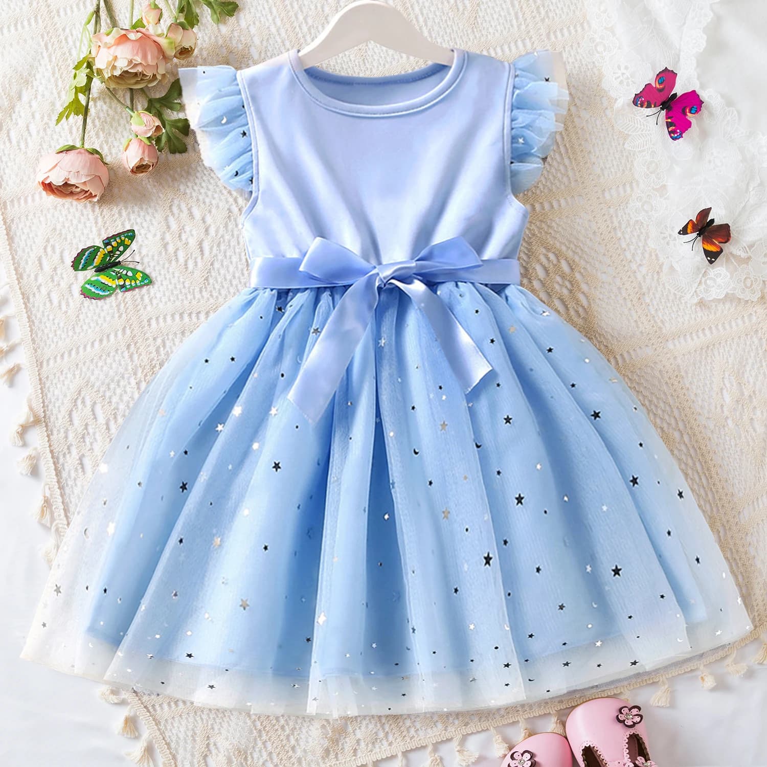 Sweet Girls Summer Flying Sleeves Bow Sequin Dress 2-6Y Kids Birthday Party Blue Fluffy A-line Princess Dress for Cute Baby Girl