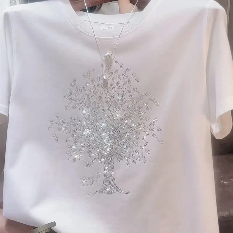 2024 Women's Summer New Fashion Commute Cotton Round Neck Diamonds Printed Solid Color Loose Short Sleeve Casual T-shirts Tops