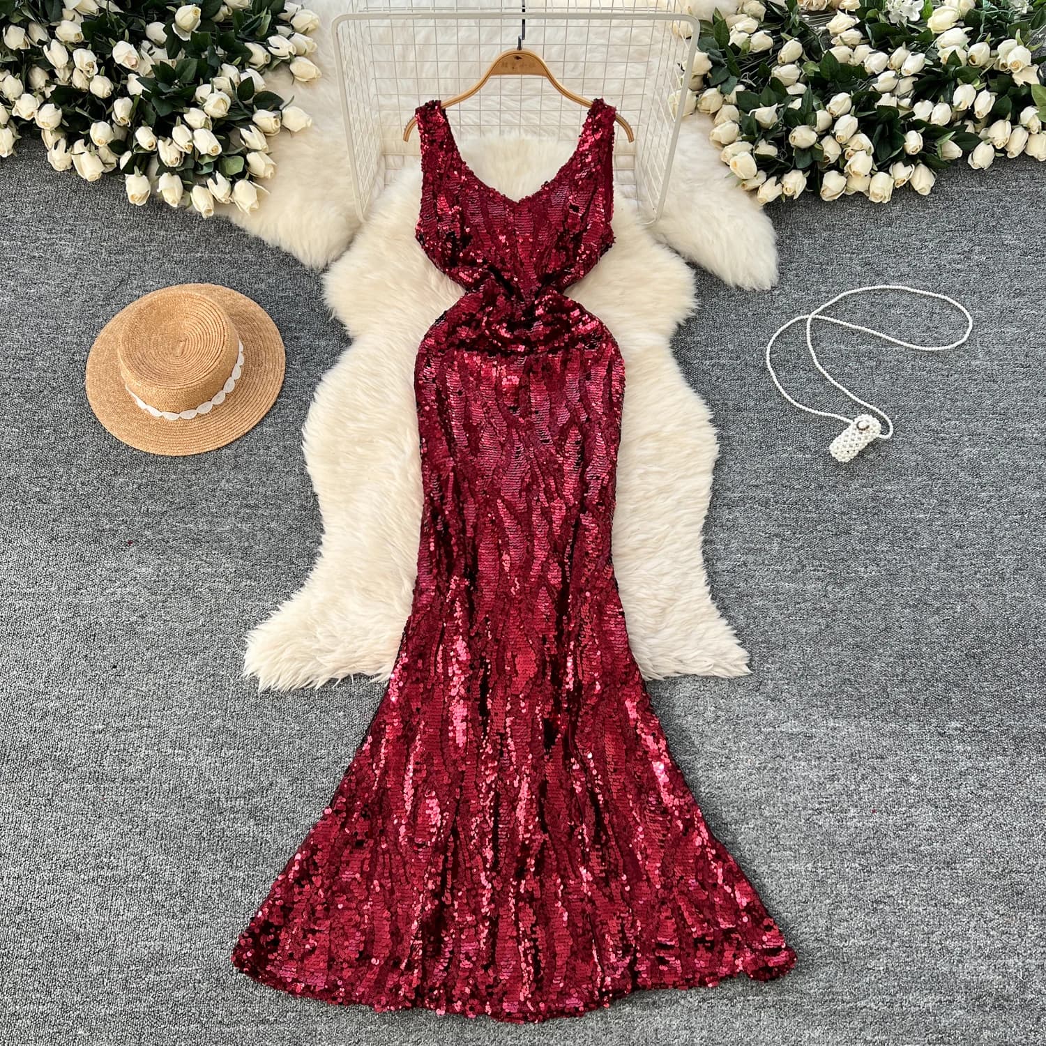 Elegant Sleeveless Vintage V-neck Chic Glitter Sequin Slim Mermaid Straps Long Dress Evening Party High Street Autumn Clothing