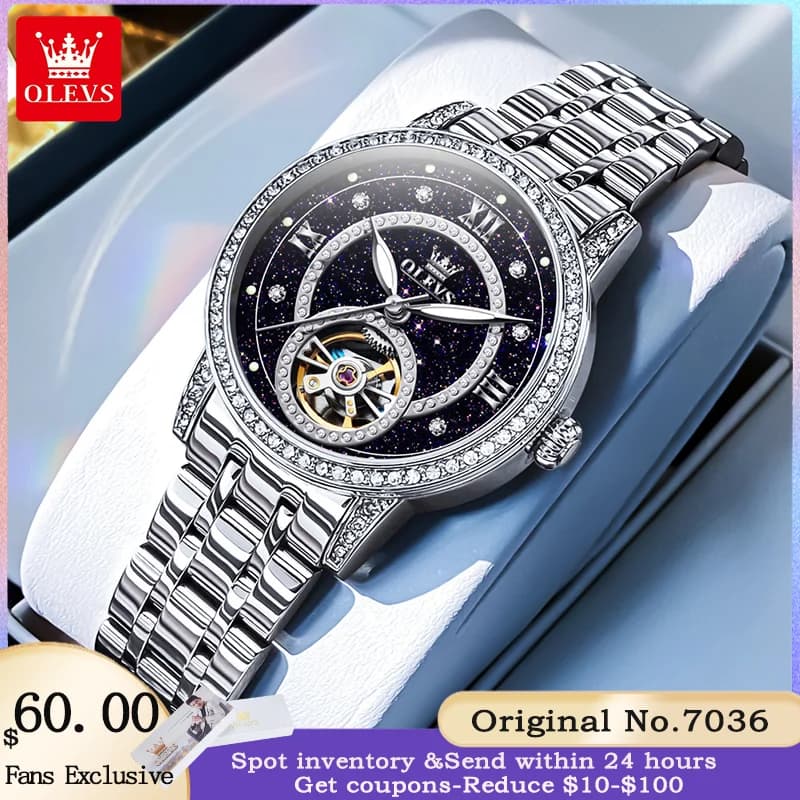 OLEVS 7036 Luxury Hollow Women's Watch Elegant Diamond Starry Sky Fully Automatic Mechanical Watch Waterproof Brand Women Watch