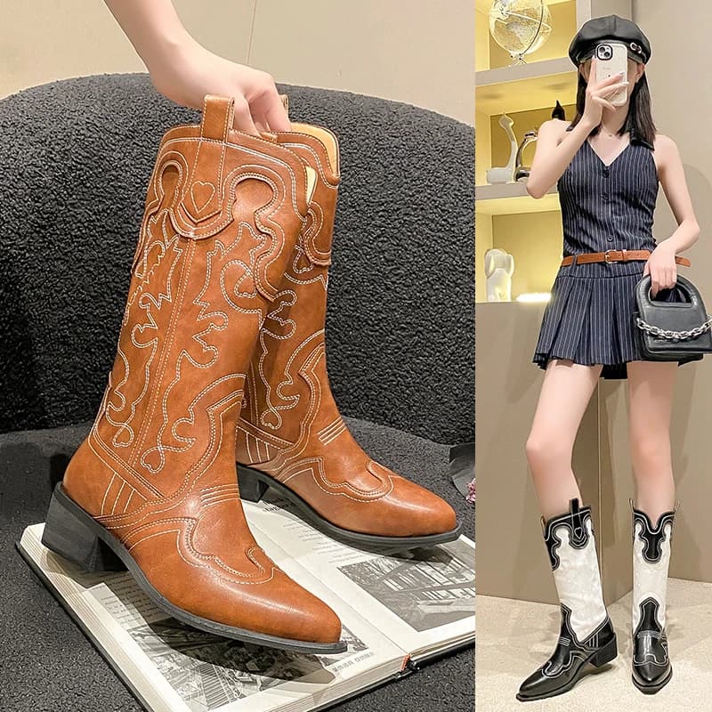 New Woman Vintage Fashion Comfortable Women Knee High Boots Leather Cowgirl Boots Autumn Winter Ladies Flat Boots Zapatos Mujer