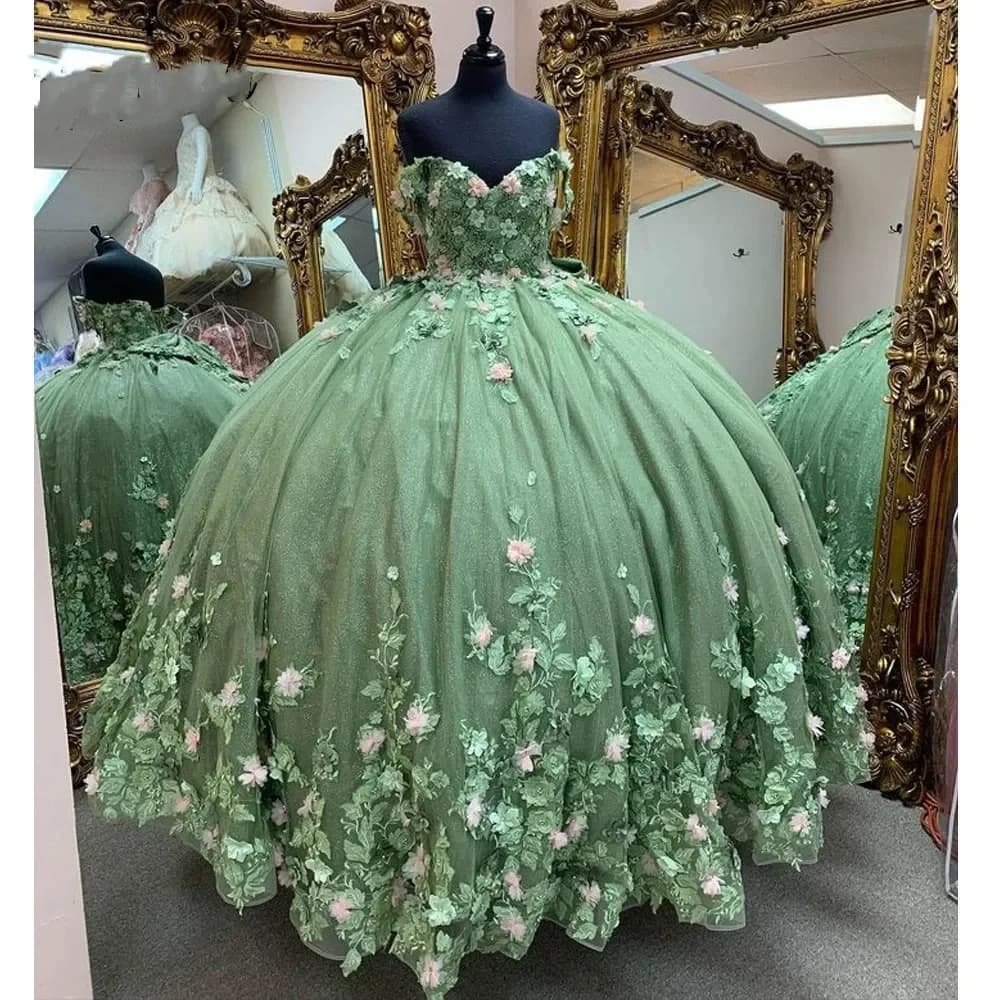 ANGELSBRIDEP Sage Green Quinceanera Dresses V Neck Corset Ball Gown for Lady Sweetie 15 Mint Green Tulle 3D Flower Customized