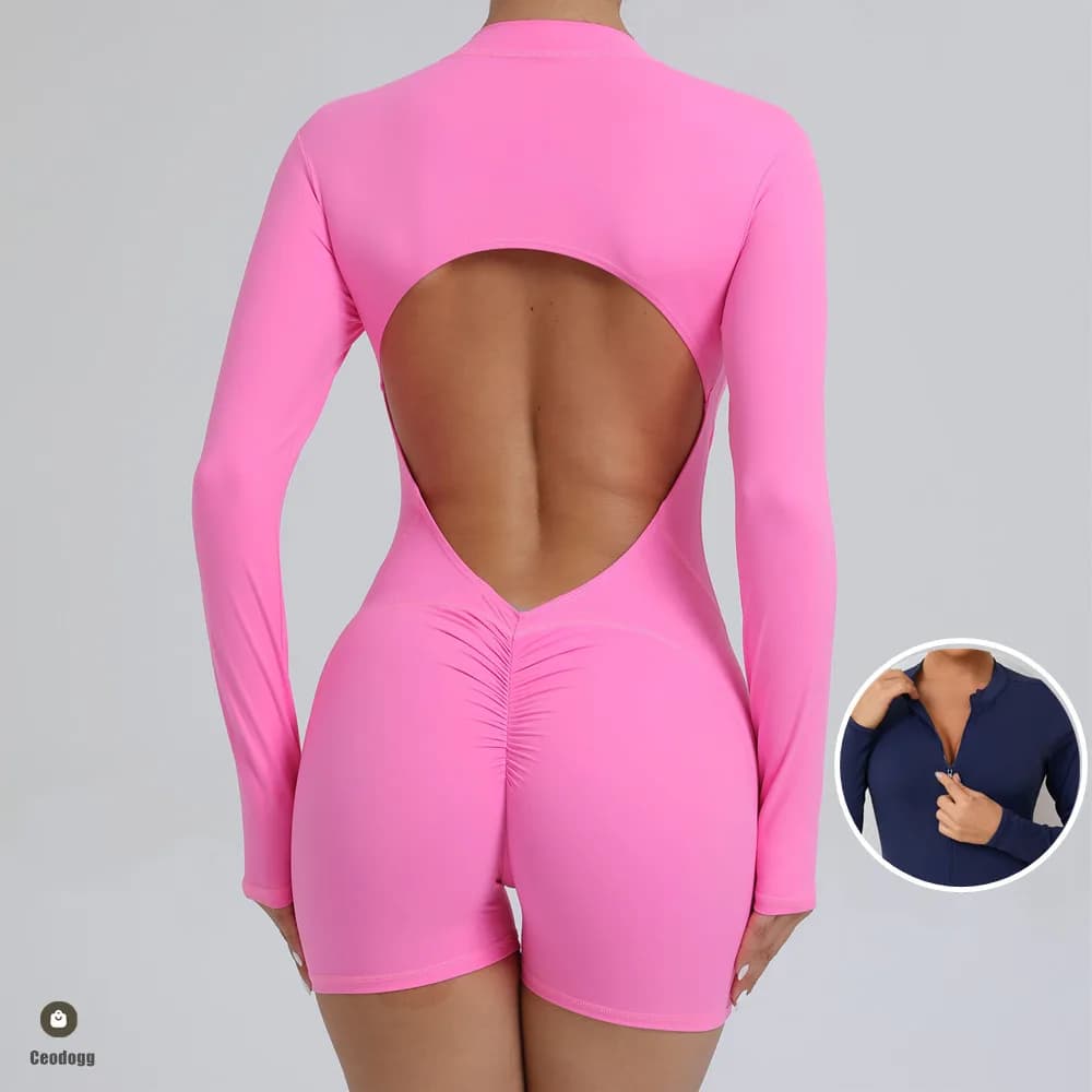 2025 Pad Zipper Long Sleeve Yoga Set Women One Piece Jumpsuit Gym Workout Shorts Fitness Stretch Bodysuit Sports Athletic Suit