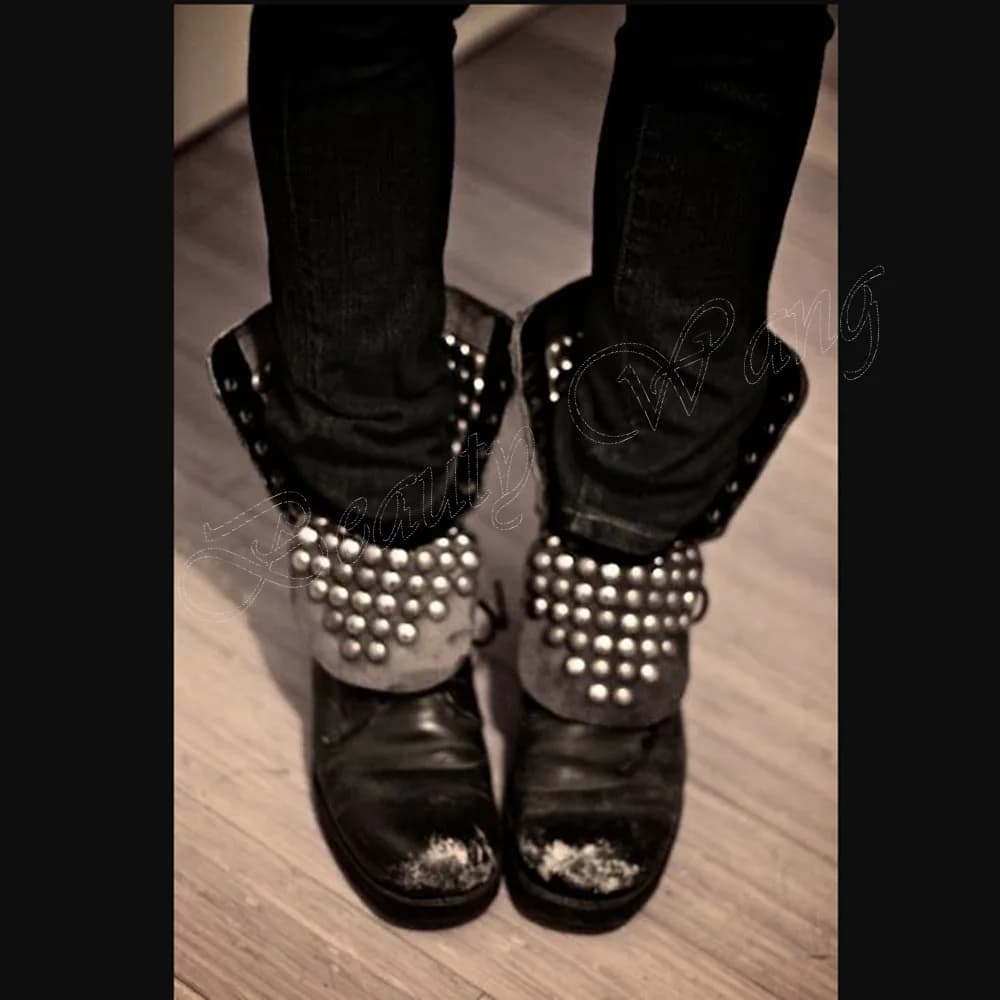 Black Turn Over Rivet Decor Boots Solid Round Toe Pretty Shoes for Women Square High Heels Shoes 2024 Zapatos Para Mujere