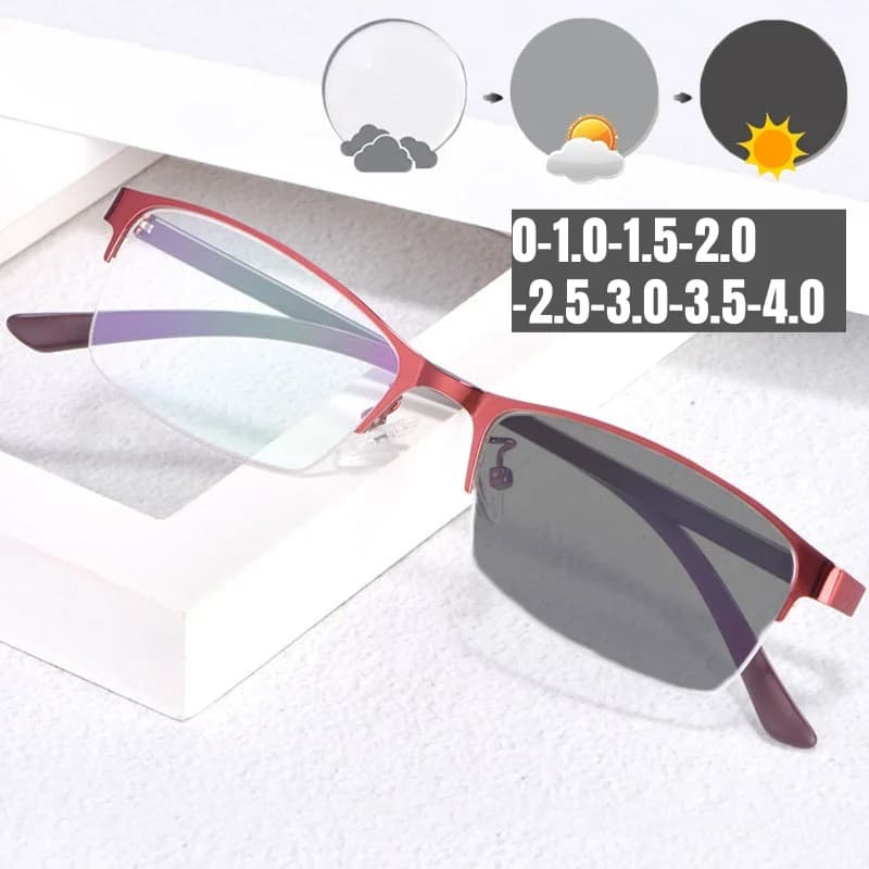 Men Women Half Frame Photochromic Glasses Business Style Myopia Eyewear for Male Smart Color Changing Minus Diopter Glasses