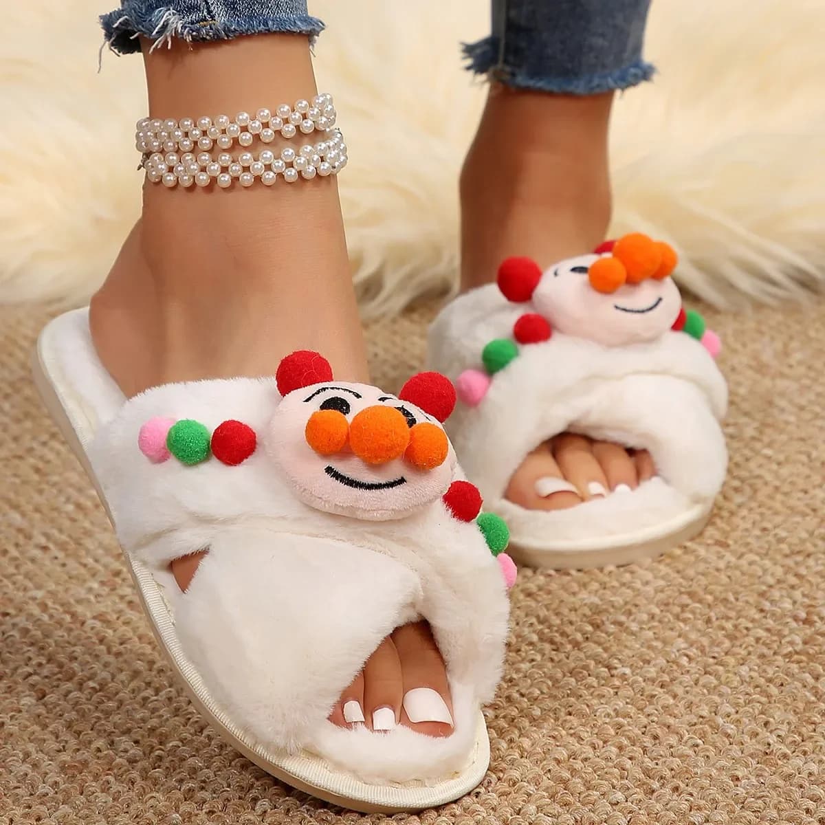 Warm Plush Slippers Women Slides Flat Low Heels Women Shoes Cute Colorful Fur Ball Platform Fluffy Fur Slippers Shoes Zapatos