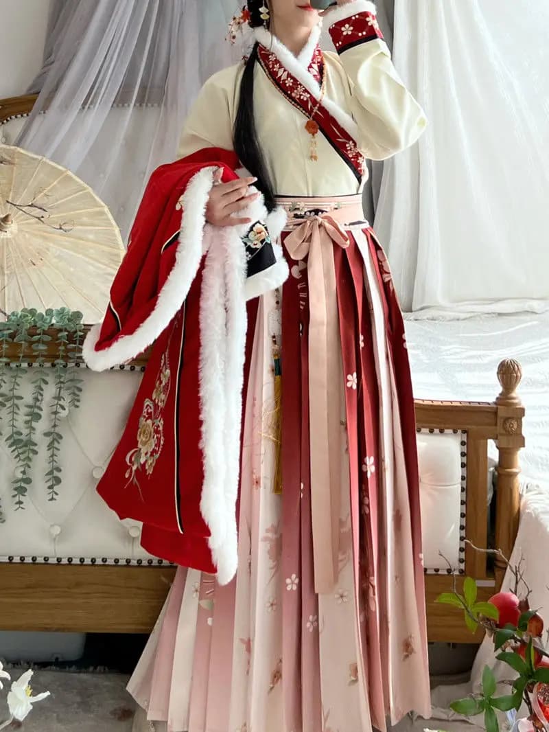 Winter Han Suit Made in Song Dynasty Women's Duel Front Long Coat Collar Pleated Skirt Daily Plush Set Chinese New Year