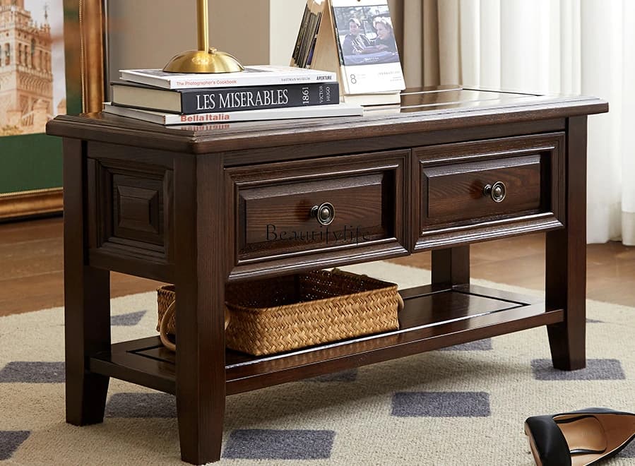 American-Style All Solid Wood Shoe Changing Stool French Retro Storage Stool Full Log Shoes