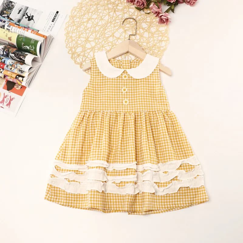 Cotton and Linen Prairie Chic 2024 Summer Spliced Peter Pan Collar Plaid Lace Fashion Loose Sleeveless Button Zipper Sweet Dress