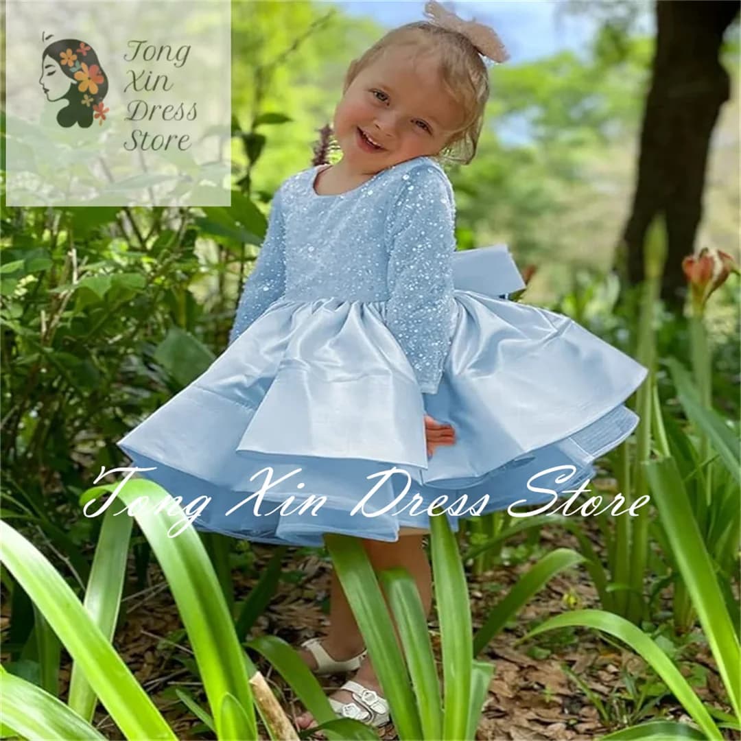 Blue Baby Sequins Flower Girl Dress For Wedding Puffy Shining With Bow Kids Baby Birthday Party Dress First Communion Ball Gown