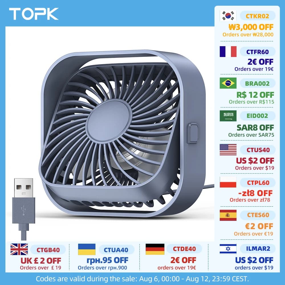 TOPK Mini Portable Fan USB Desk Fan Table Strong Airflow &Quiet Operation 3 Speed Wind 360°Rotatable Standing fans for room Home