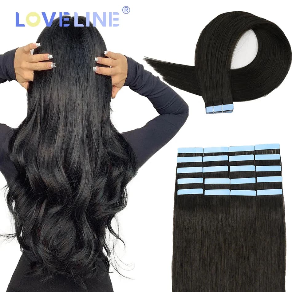 LOVELINE Tape in Hair Extensions 2G/PCS Invisible Skin Weft Natural Black Pre Bonded Hair Extension Tape Bond Remy Virgin Hair