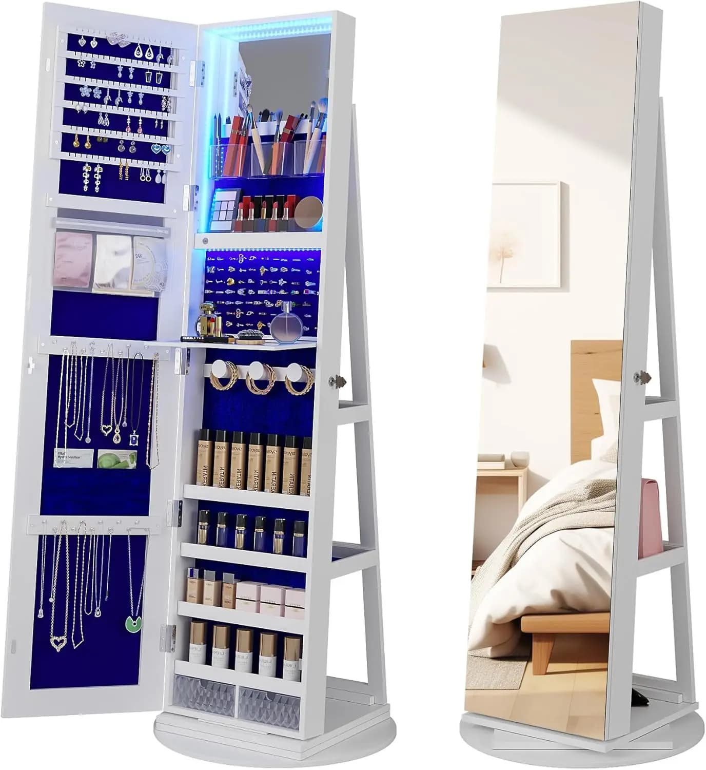 Jewelry Cabinet with LED Lights, 64" H Full Length Mirror with Jewelry Storage, Standing Jewelry Armoire with Door