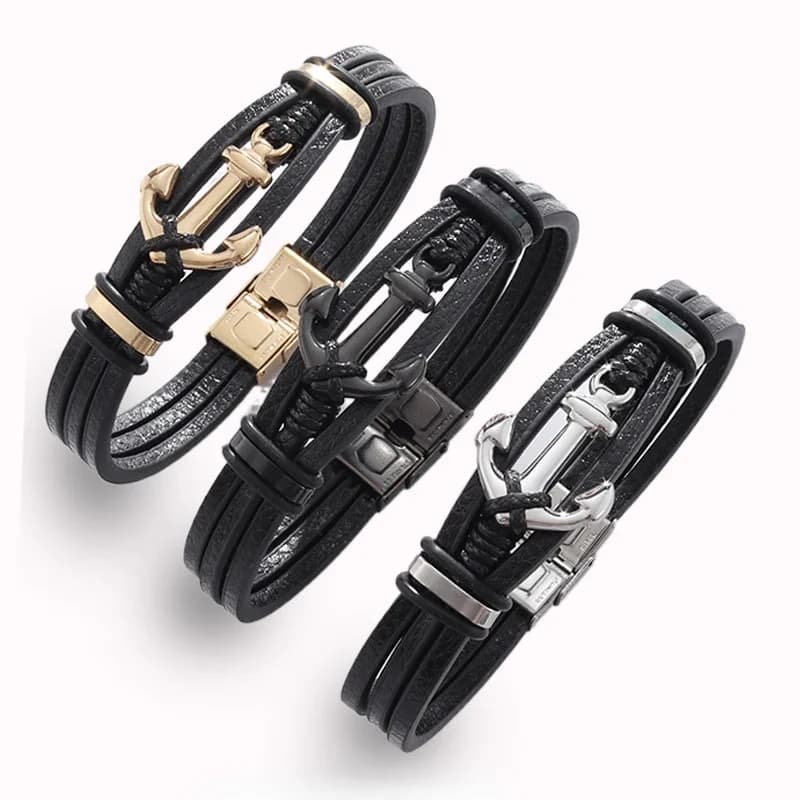 Vintage Punk Style Hand Braided Anchor Charm Bracelet Men's Classic Leather Bracelet with Magnetic Closure Fashion Wrist Jewelry