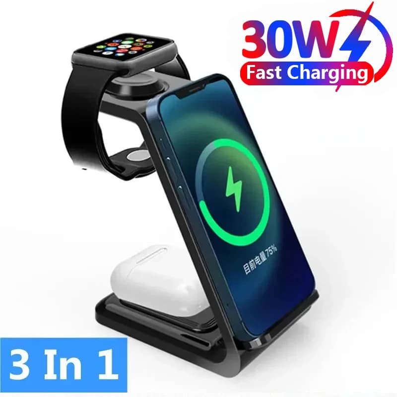 30W 3 In 1 Wireless Charger  Stand Dock For iPhone 15 14 13 12 11 XS Apple Watch 8 7 AirPods  Induction Fast Charging Station