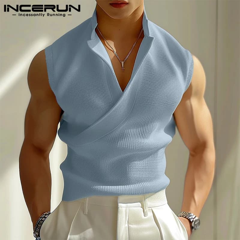 INCERUN Men Tank Tops Solid Color V Neck Sleeveless Casual Male Vests Summer Streetwear 2024 Fashion Leisure Korean Men Clothing
