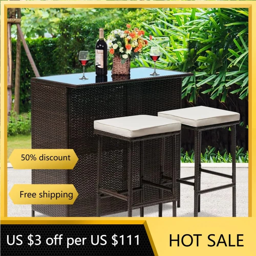 3PCS Patio Bar Set Outdoor Furniture Set Wicker Bistro Set With Two Stools for Patio Backyard Balcony Garden Furniture Sets