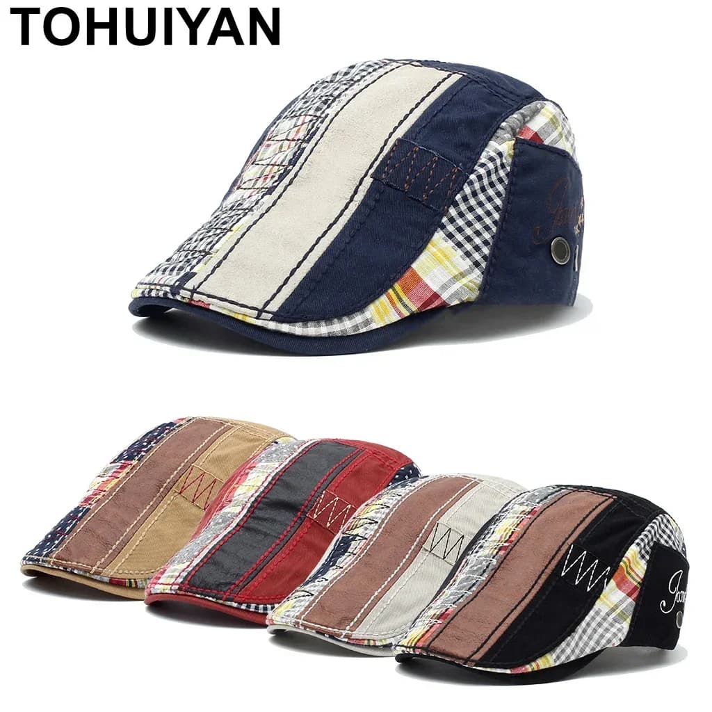 TOHUIYAN Plaid Newsboy Caps Men Soft Cotton Driving Hat Summer Autumn Boina Cabbie Hats Artist Duckbill Visor Flat Cap For Women