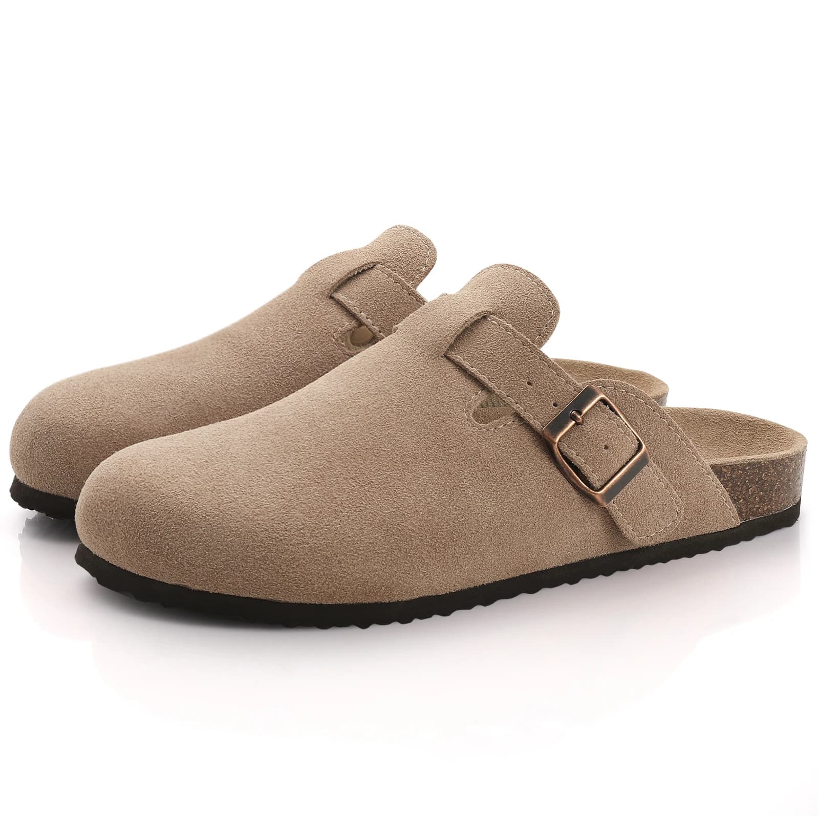 Comwarm Women's Suede Clogs Slippers Leather Mules Men Classic Cork Flats Slipper Outdoor Cork Footbed Sandals with Arch Support