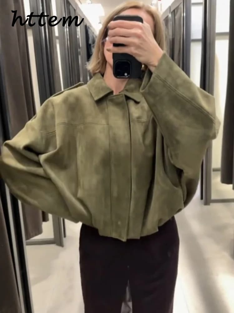 Street Women's Suede Bomber Jacket Fashion Lapel Zipper Full Sleeve Female Coats 2025 Spring Lady Casual Commute Vintage Outwear